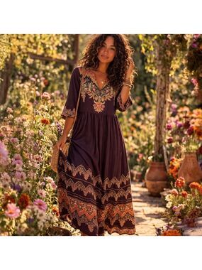 Noracora Black Floral Boho Midi Dress Small Embroidered Border NWT